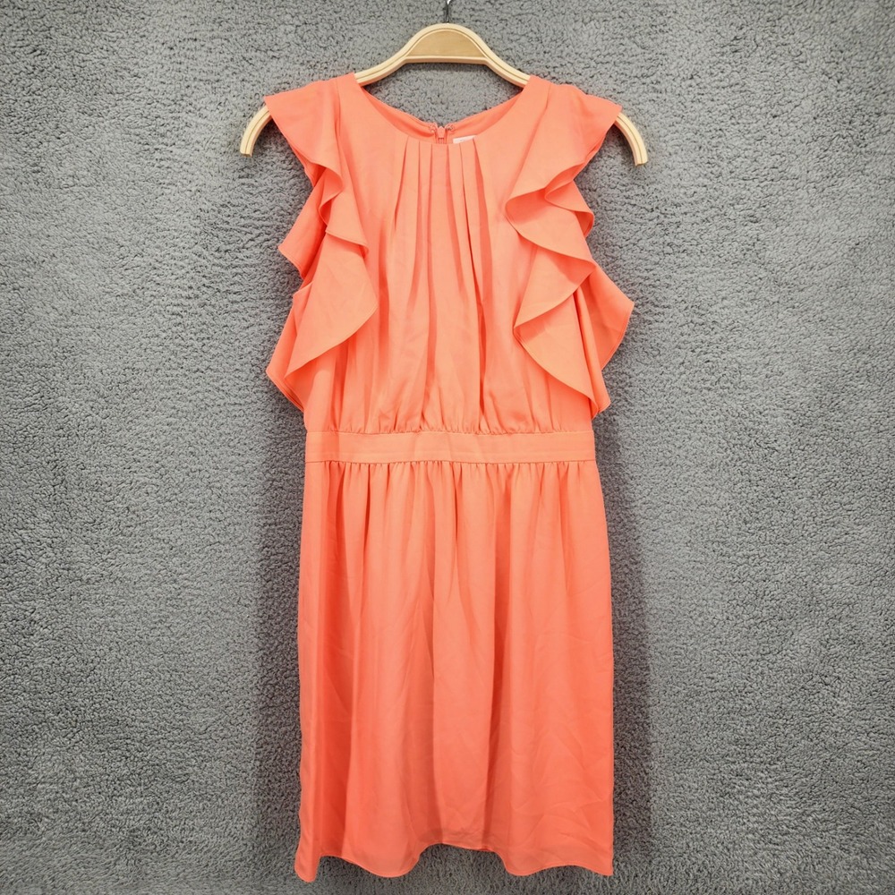Shoshanna Coral Orange Ruffle Shoulder Pleated Mini Dress Size 2
